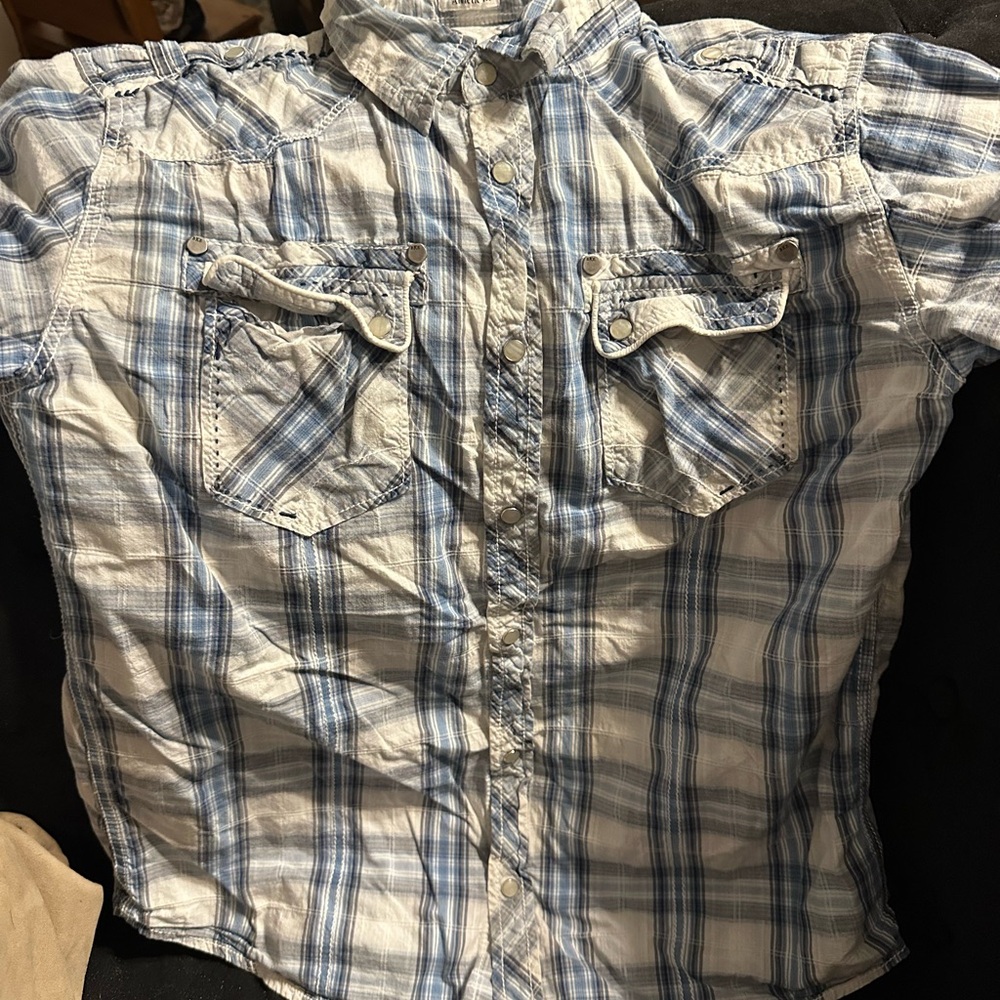 BKE White and Light Blue Plaid Short-Sleeve Button-Down